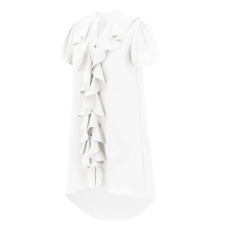 White Ruffle Button V Neck High Low Shirt Dress TQG310047-1