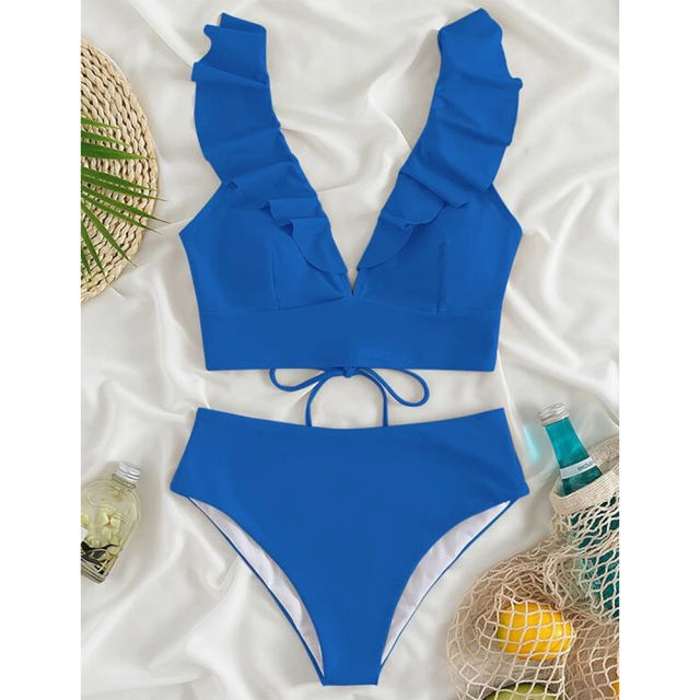 Royal Blue Ruffle Sleevelss Drawstring Bikinis Set TQX610040-62