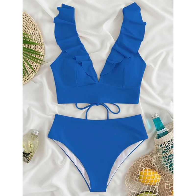 Royal Blue Ruffle Sleevelss Drawstring Bikinis Set TQX610040-62