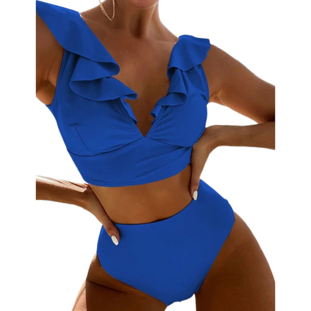 Royal Blue Ruffle Sleevelss Drawstring Bikinis Set TQX610040-62
