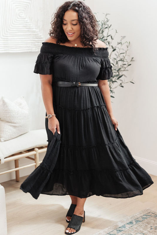 Black Plus Size Smocked Off Shoulder Frill Tiered Maxi Dress PL61518-2
