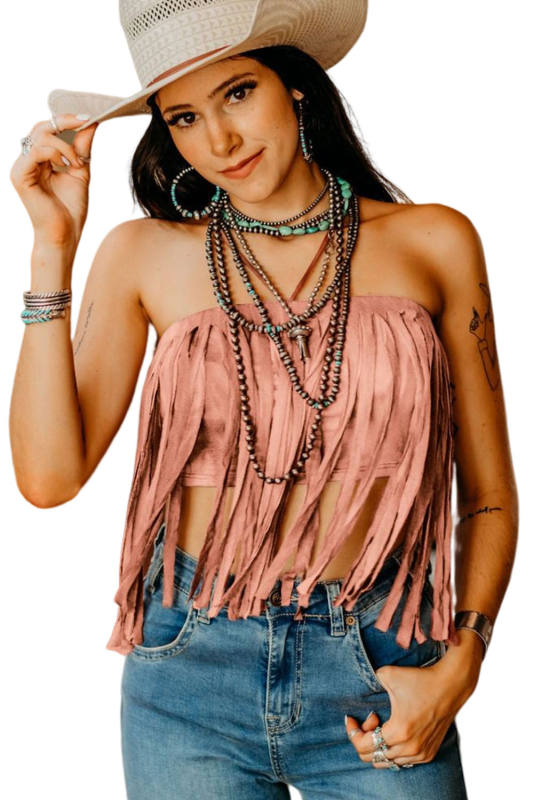 Pink Tassel Drawstring Bandeau Crop Tank Top LC2567900-10