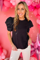 Black Ribbed Puff Short Sleeve Top LC25220164-2