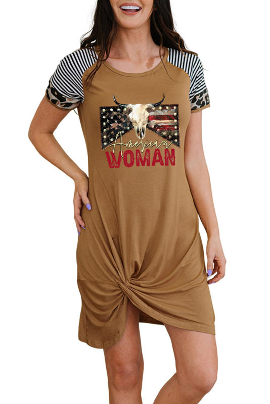 Brown Independence Day Graphic Print Contrast Sleeve Dress LC6116811-17