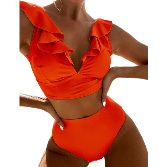 Orange Ruffle Sleevelss Drawstring Bikinis Set TQX610040-14