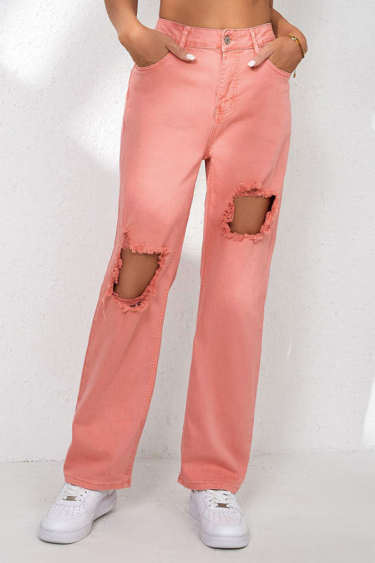 Pink High Waist Ripped Straight Leg Pocket Jeans LC7873435-10