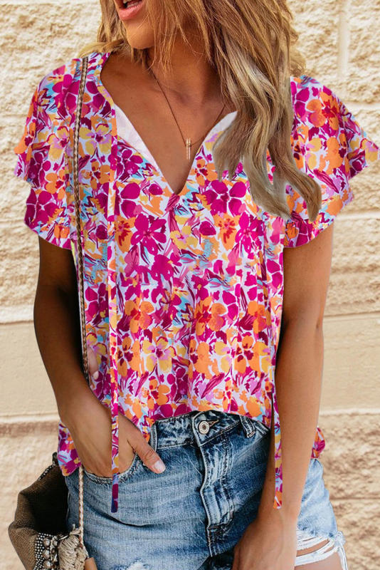 Red Flutter Sleeves Floral Print Top  LC25120411-3