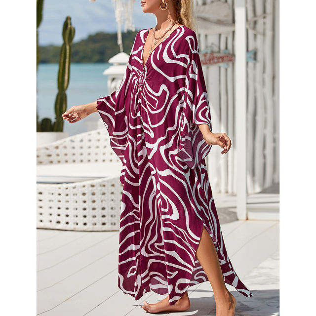 Purplish Red Print Long Kinimo Beachwear TQL310062-32