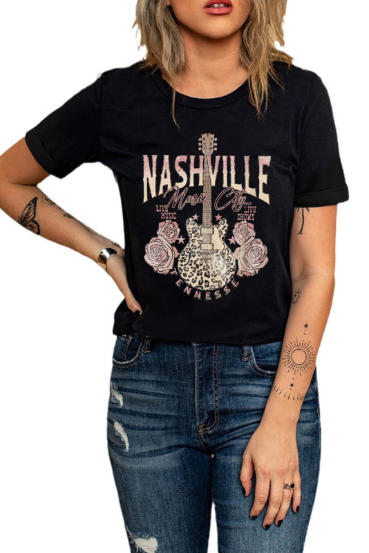 Black Nashville Leopard Guitar Rose Print Short Sleeve T Shirt  LC25220742-2