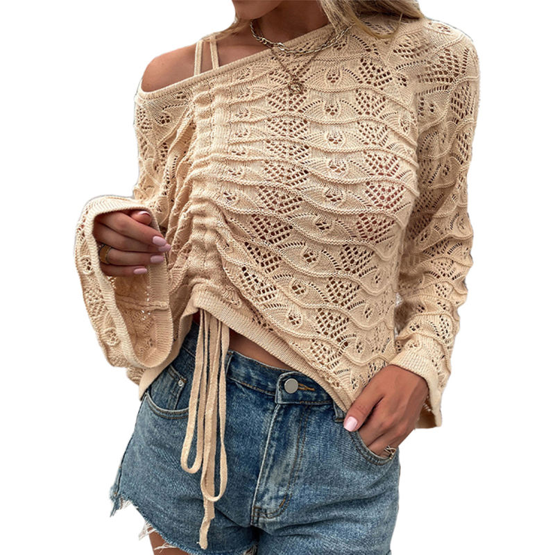 Apricot Hollow-out One Puff Sleeve Drawstring Knit Tops TQF210050-18