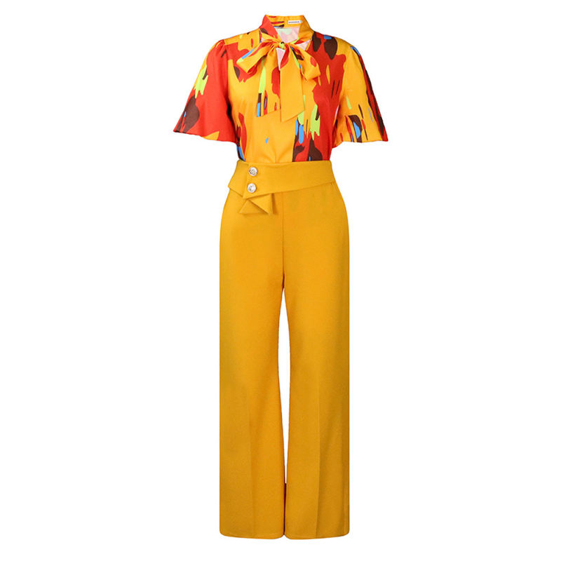 Yellow Red Floral Blouse with Wide Leg Pants Set TQG710004-7