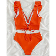 Orange Ruffle Sleevelss Drawstring Bikinis Set TQX610040-14