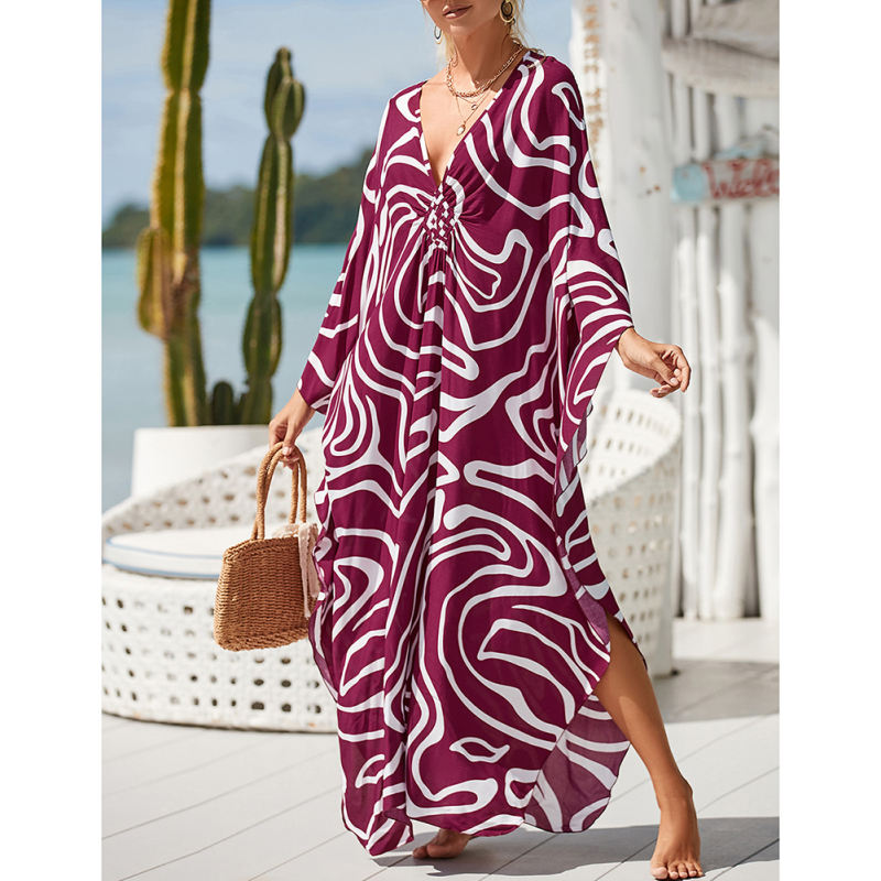Purplish Red Print Long Kinimo Beachwear TQL310062-32
