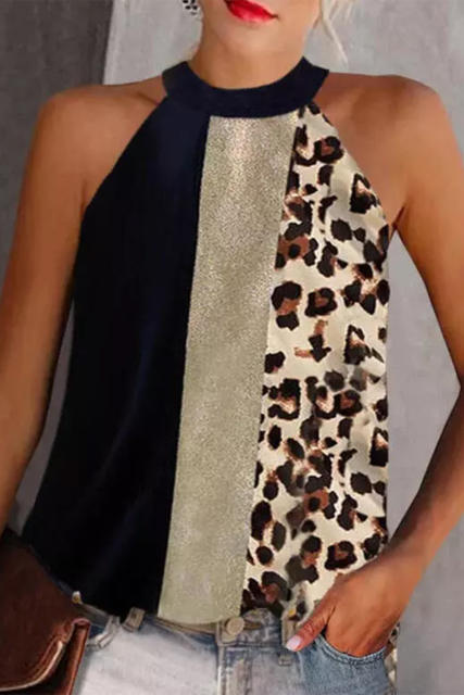 Black Leopard Color Block Casual Tank Top LC2568866-2
