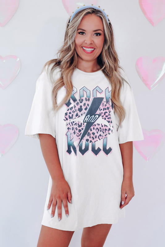White ROCK AND ROLL Leopard Lip Lightning Oversized Graphic Tee LC25220775-1