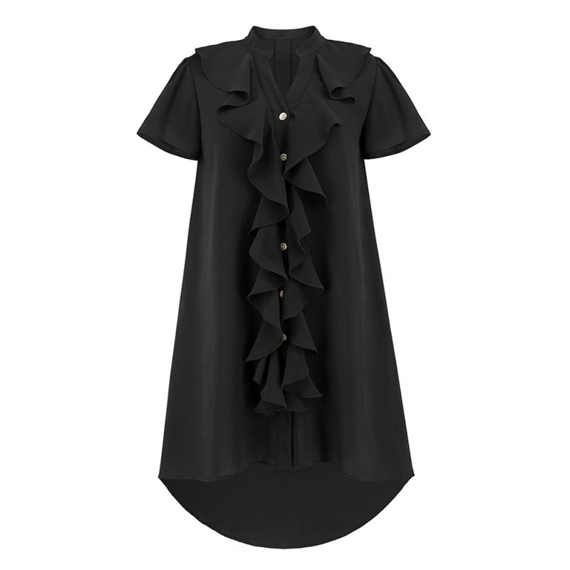 Black Ruffle Button V Neck High Low Shirt Dress TQG310047-2