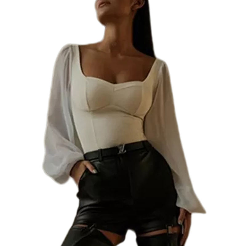 White Square Neck Backless Long Sleeve Bodysuit TQV220164-1