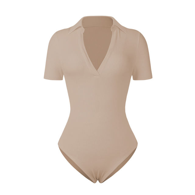 Khaki Ribbed Deep V Neck Short Sleeve Bodysuit TQL550085-21