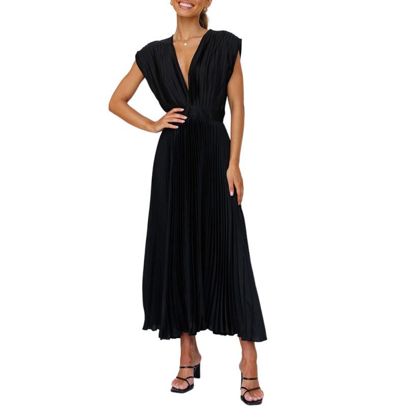 Black All-over Pleated V Neck Zip Midi Dress TQG310044-2