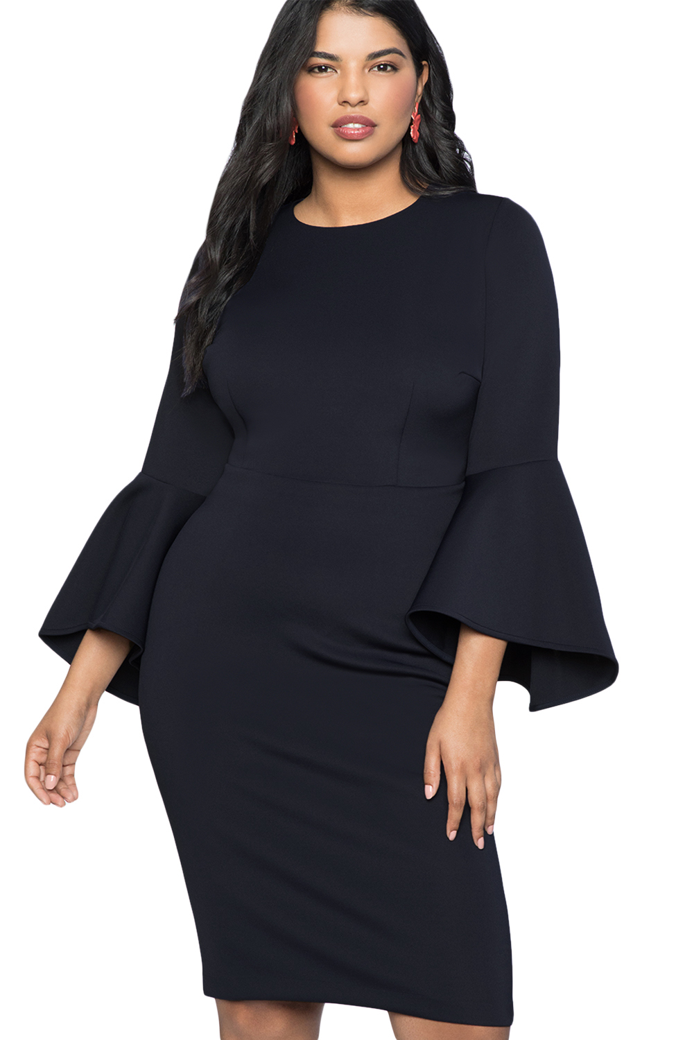 Navy Plus Size Flare Sleeve Scuba Dress