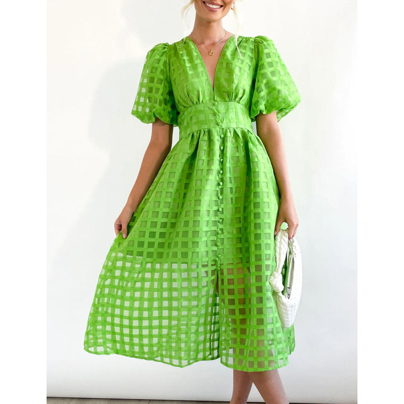 Green V Neck Puff Sleeve Casual Party Dress TQG310045-9