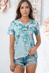 Green Floral Print Shift Fit V Neck T Shirt LC25220743-9