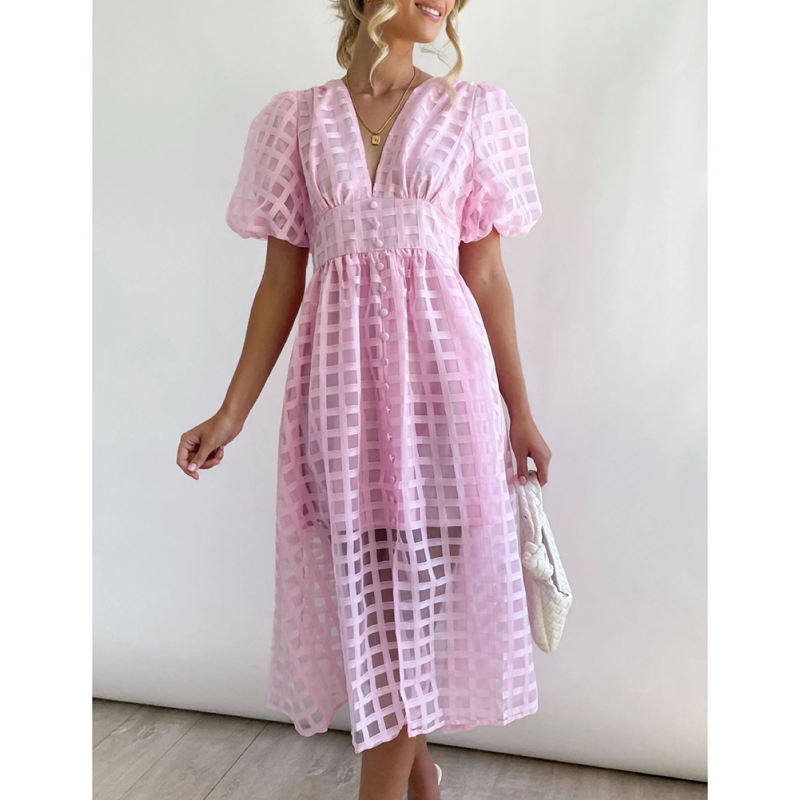 Pink V Neck Puff Sleeve Casual Party Dress TQG310045-10