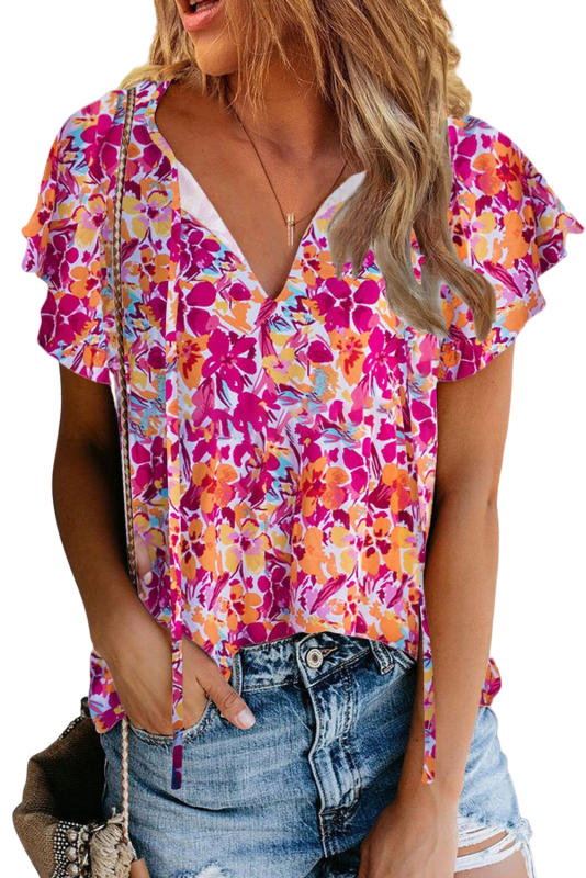 Red Flutter Sleeves Floral Print Top  LC25120411-3