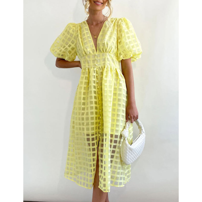 Yellow V Neck Puff Sleeve Casual Party Dress TQG310045-7