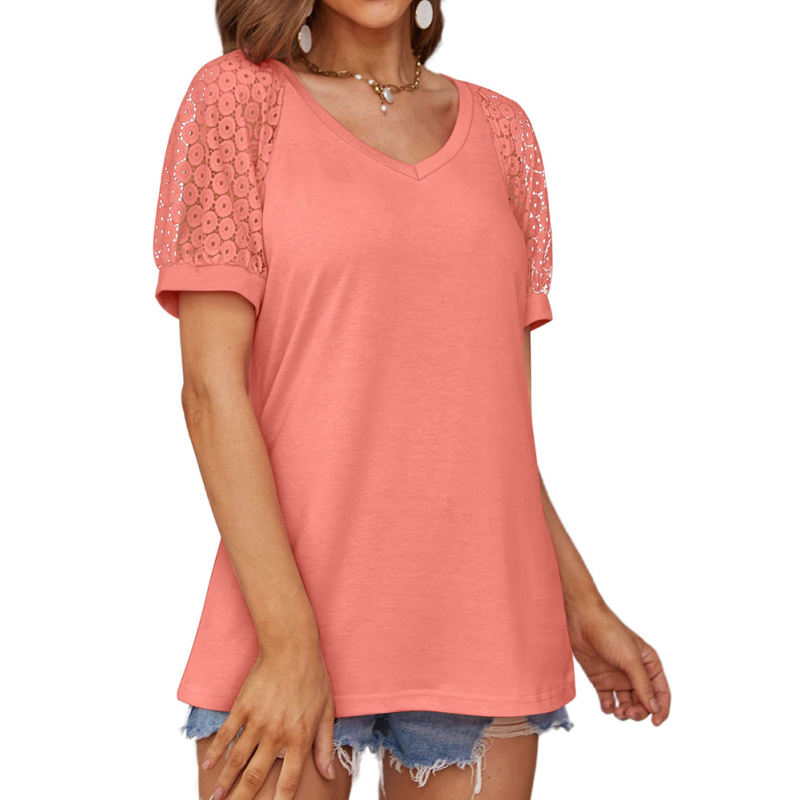 Pink Spliced Lace Short Sleeve V Neck Tops TQX210302-10
