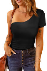 Black One Shoulder Short Sleeve Bodysuit LC6421319-2