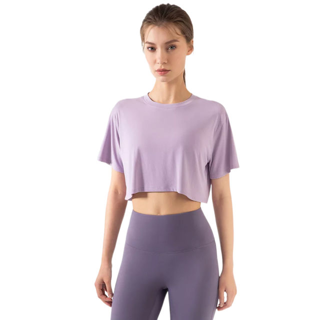 Light Purple Loose Crop Top and Dark Purple High Waist Yoga Pants Set TQE71335-38-35