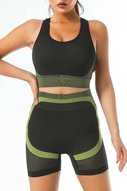 Green Textured U Neck Criss Cross Sports Bra LC264395-109