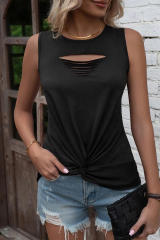 Black Laser Cut Slits Twist Front Tank Top LC2569522-2