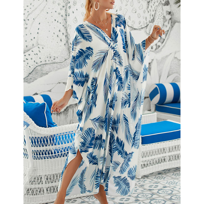 Blue White Print Long Kinimo Beachwear TQL310062-86