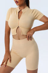Khaki Zipped Front Short Sleeve Sports Crop Top LC264375-16