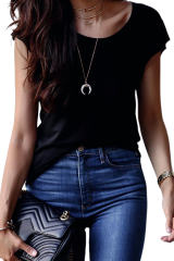 Black Hollow-out Back Cap Sleeve T-shirt LC25219425-2