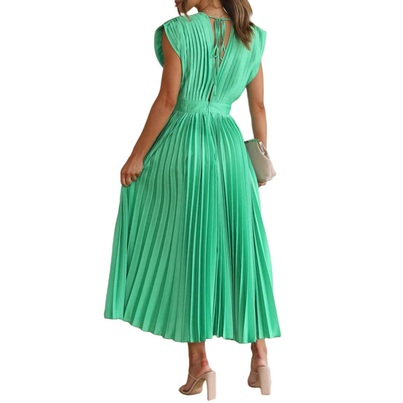 Green All-over Pleated V Neck Zip Midi Dress TQG310044-9