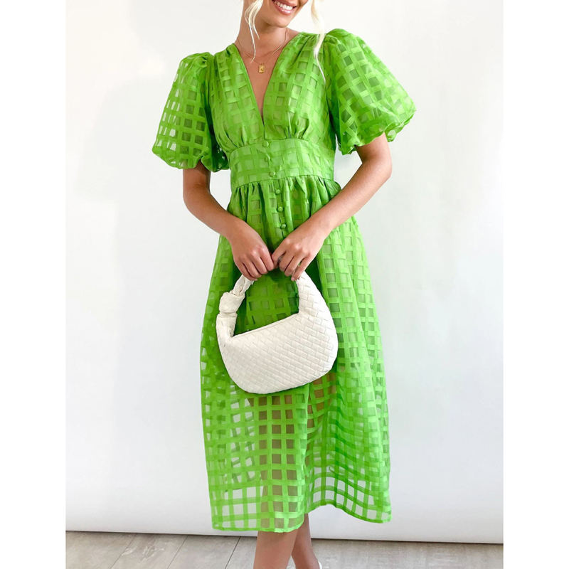 Green V Neck Puff Sleeve Casual Party Dress TQG310045-9