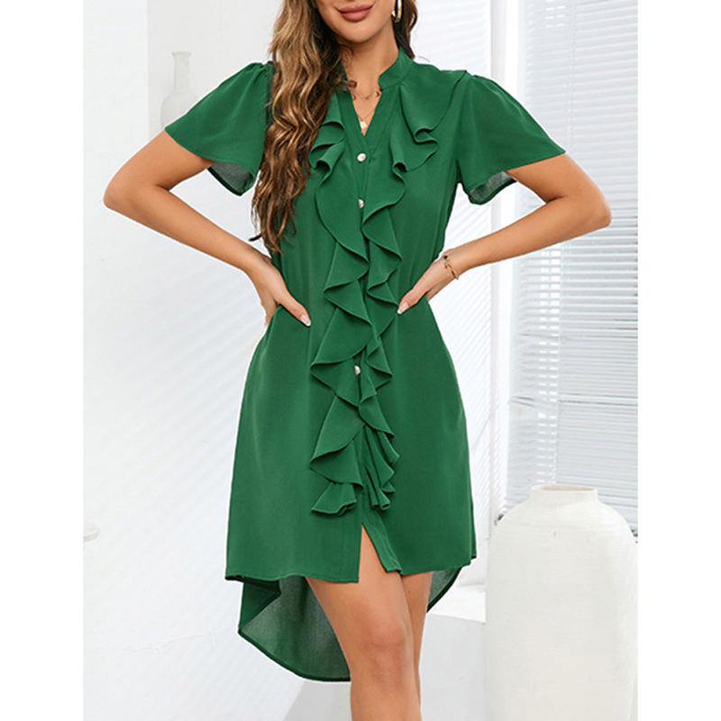 Green Ruffle Button V Neck High Low Shirt Dress TQG310047-9