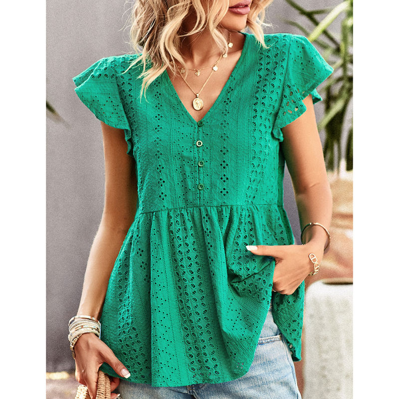 Green Hollow-out Button V Neck Sleeveless Tank Tops TQX210290-9