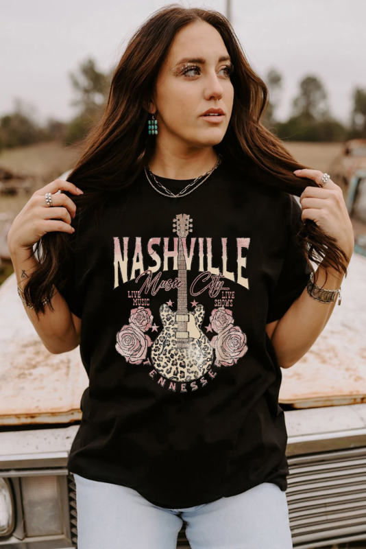 Black Nashville Leopard Guitar Rose Print Short Sleeve T Shirt  LC25220742-2