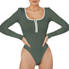 Dark Green Ribbed Zipper Long Sleeve Bodysuit TQV220165-36