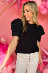 Black Ribbed Puff Short Sleeve Top LC25220164-2