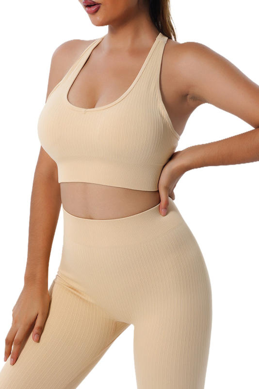 Khaki Ribbed Hollow-out Racerback Yoga Camisole