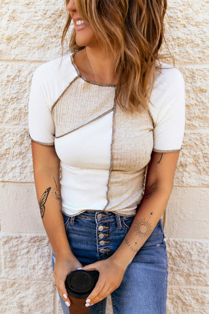 White Colorblock Seamed Ribbed Slim Fit T-shirt LC25221015-1