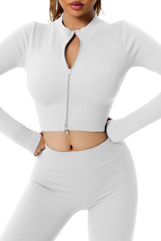 White Full Zipper Ribbed Seamless Long Sleeve Yoga Top LC264373-1