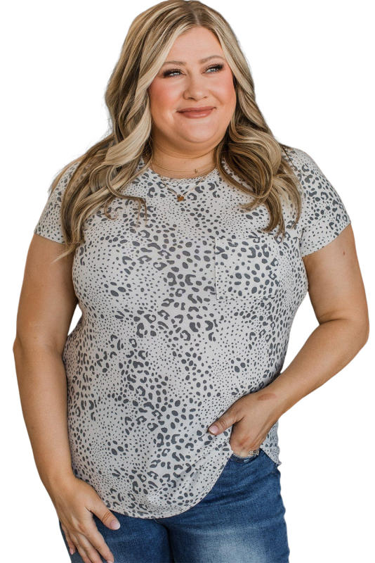Gray Plus Size Spotted Animal Print Chest Pocket T-shirt PL252238-11