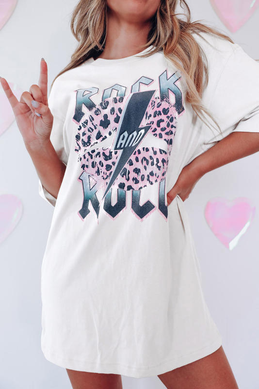 White ROCK AND ROLL Leopard Lip Lightning Oversized Graphic Tee LC25220775-1