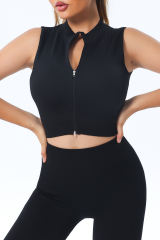 black Solid Color Zip up Sleeveless Active Crop Top LC264376-2